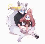  1boy 1girl :o animal_ears artist_name black_sweater blue_eyes book bow bowtie full_body furry furry_female furry_male grey_fur highres holding holding_book hua_hua_de_meme long_hair on_floor open_book original pink_hair rabbit_ears rabbit_girl reading red_bow red_bowtie sample_watermark short_hair sitting sweater tail turtleneck turtleneck_sweater white_background white_hair wolf_boy wolf_ears wolf_tail 