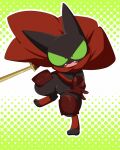  1boy aka_muffler_yamato animal_ears black_fur cape cat cat_ears furry furry_male golden_sword green_eyes holding holding_sword holding_weapon katana mao_mao:_heroes_of_pure_heart mao_mao_(mao_mao:_heroes_of_pure_heart) open_mouth red_armor red_cape slit_pupils sword weapon 