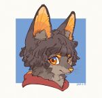  1boy animal_ears anubis_(mythology) blue_background border brown_fur brown_hair dated egyptian_mythology highres hua_hua_de_meme jackal_boy jackal_ears looking_at_viewer looking_to_the_side orange_eyes original portrait short_hair solo white_border 