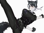  1boy animal_ears belt belt_buckle black_belt black_gloves black_hair black_pants black_shirt black_vest buckle buttons clenched_hands collared_shirt double-breasted fang feet_out_of_frame floating_clothes gloves grin hair_between_eyes half_gloves high_kick highres holostars jackal_boy jackal_ears jackal_tail kageyama_shien kicking looking_at_viewer male_focus momiage_40 multicolored_hair necktie pants shirt short_hair simple_background sleeves_rolled_up smile solo tail two-tone_hair v-shaped_eyebrows vest virtual_youtuber white_background white_hair white_necktie yellow_eyes 