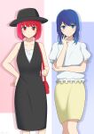  2girls absurdres arima_kana bag bare_shoulders black_dress black_headwear blue_eyes blue_hair blunt_bangs blush bob_cut breasts closed_mouth collar collarbone collared_shirt cowboy_shot dress frilled_collar frilled_sleeves frills hair_between_eyes highres inverted_bob kurokawa_akane looking_at_viewer medium_hair multiple_girls oshi_no_ko puffy_short_sleeves puffy_sleeves red_eyes redhead ryochan96154 shirt short_sleeves shoulder_bag skirt sleeveless sleeveless_dress smile yellow_skirt 