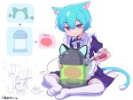  1girl animal_ear_fluff animal_ears apron black_dress blue_fur brain building capsule cat cat_ears cat_girl cat_tail closed_mouth dress garter_straps grey_eyes holding holding_screwdriver maid maid_apron misskey.io multicolored_fur murakami-san_(misskey.io) puuakachan screwdriver short_hair short_sleeves sitting smile solo tail thigh-highs white_fur white_thighhighs 