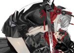  2girls bare_legs black_hair black_jacket black_skirt blood blood_on_face blood_on_weapon fake_horns grey_hair hair_between_eyes headphones highres holding holding_sword holding_weapon horns jacket long_hair lucia:_crimson_abyss_(punishing:_gray_raven) lucia:_lotus_(punishing:_gray_raven) lying multicolored_hair multiple_girls pleated_skirt punishing:_gray_raven red_eyes red_scarf redhead scarf sitting sitting_on_person skirt streaked_hair sword weapon white_background yongsadragon 