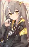  1girl absurdres black_jacket black_ribbon blurry blurry_background breasts closed_mouth depth_of_field girls_frontline grey_hair gun h&amp;k_ump hair_ornament hand_up highres jacket kiritapon_(ihoke_) long_hair long_sleeves looking_at_viewer name_connection neck_ribbon object_namesake one_side_up open_clothes open_jacket puffy_long_sleeves puffy_sleeves ribbon shirt sleeves_past_wrists small_breasts solo submachine_gun ump45_(girls&#039;_frontline) upper_body weapon white_shirt yellow_eyes 