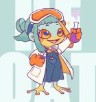  1girl aqua_background blue_dress bottle character_name dress egyptian_mythology flask frog_girl full_body furry furry_female gloves green_hair heqet_(mythology) highres holding holding_bottle holding_flask holding_test_tube hua_hua_de_meme lab_coat orange_eyes orange_gloves original potion short_hair solo standing test_tube 