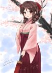  1girl bow brown_hair cherry_blossoms closed_umbrella dated drill_hair feet_out_of_frame hair_bow hakama harukaze_(kancolle) japanese_clothes kantai_collection kimono kitagawa_mikio looking_at_viewer meiji_schoolgirl_uniform oil-paper_umbrella one-hour_drawing_challenge pink_kimono red_bow red_eyes red_hakama solo tree twin_drills twitter_username umbrella 