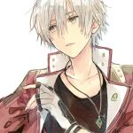  1boy atelier_(series) atelier_escha_&amp;_logy black_gloves black_shirt fingerless_gloves fingernails gloves grey_hair hair_between_eyes hand_up hani_(udauda) jacket jewelry logix_ficsario looking_to_the_side male_focus open_clothes open_jacket parted_lips pendant red_jacket shirt short_hair simple_background solo two-tone_gloves white_background white_gloves yellow_eyes 