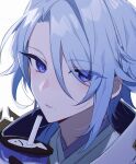  1boy black_gloves blue_hair bubble_tea coojisan cup disposable_cup genshin_impact gloves hair_between_eyes highres holding holding_cup japanese_clothes kamisato_ayato looking_at_viewer male_focus mole mole_under_mouth portrait simple_background solo violet_eyes white_background 
