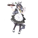  1girl ahoge animal_ears apron arm_up black_dress black_hair black_pantyhose blush closed_mouth collared_shirt cup dress flat_chest full_body hair_between_eyes hand_up holding holding_tray horse_ears horse_girl horse_tail loafers long_hair looking_at_viewer maid_headdress manhattan_cafe_(umamusume) multicolored_hair necktie pantyhose ponytail puffy_short_sleeves puffy_sleeves shirt shoes short_sleeves simple_background solo streaked_hair suimz tail teapot tray umamusume white_background wrist_cuffs yellow_eyes yellow_necktie 