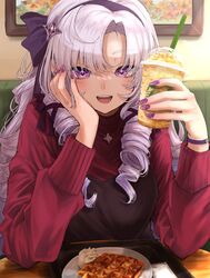  1girl black_ribbon breasts cream dededeteiu dress drill_hair drink elbows_on_table food hair_ornament hair_ribbon hand_on_own_cheek hand_on_own_face highres holding holding_drink hyakumantenbara_salome jewelry light_purple_hair long_hair necklace nijisanji open_mouth picture_frame pink_dress purple_bracelet purple_nails ribbon solo sparkling_eyes star_(symbol) star_hair_ornament star_necklace starbucks table upper_body violet_eyes virtual_youtuber waffle 