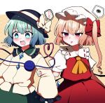  ! 2girls black_headwear blonde_hair blush crystal flandre_scarlet green_eyes green_hair hair_between_eyes hat hat_ribbon highres komeiji_koishi long_hair mob_cap multiple_girls one_side_up pointy_ears red_eyes ribbon short_hair spoken_exclamation_mark spoken_squiggle squiggle third_eye tongue tongue_out touhou white_headwear wings yellow_ribbon you_(noanoamoemoe) 