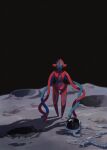  black_eyes commentary crack deoxys deoxys_(normal) headwear_removed helmet helmet_removed highres looking_down mo~zu outdoors pokemon pokemon_(creature) solo space_helmet standing symbol-only_commentary tentacles 