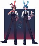  2boys alternate_costume animal_ears aqua_eyes arm_behind_back black_footwear black_pants black_vest black_wristband blue_bow blue_bowtie blue_eyes blue_hair border bow bowtie brown_hair bunny_day collared_shirt cup dress_shoes drinking_glass film_grain formal full_body gradient_background gundam gundam_zz hand_on_own_hip haro highres holding holding_tray judau_ashta kamille_bidan long_sleeves looking_at_another male_focus multiple_boys outside_border pants pin_(penco_co) rabbit_ears red_bow red_bowtie shirt sideways_glance simple_background sleeves_past_elbows smirk standing standing_on_one_leg towel_on_arm traditional_bowtie tray vest white_border white_shirt wristband zeta_gundam 