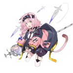  1girl absurdres animal_ears arknights black_choker black_hairband black_skirt blue_bow blue_jacket bow braid cat_ears cat_girl cat_tail choker commentary_request cropped_legs goldenglow_(arknights) hair_ornament hairband hairclip hat hat_bow highres infection_monitor_(arknights) jacket ki26 long_hair long_sleeves looking_at_viewer open_clothes open_jacket open_mouth pink_hair pink_jacket puffy_sleeves shirt simple_background skirt solo staff tail teeth thigh-highs white_background white_shirt white_thighhighs yellow_eyes 