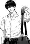 1boy arm_up bag belt closed_mouth collarbone collared_shirt cowboy_shot greyscale highres looking_at_viewer male_focus monochrome pants rukawa_kaede school_uniform shirt short_hair shoulder_bag simple_background slam_dunk_(series) solo standing vaw88zzz 
