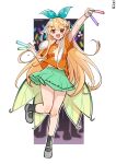  1girl absurdres alternate_costume blonde_hair fairy fairy_wings green_ribbon hair_ornament hair_ribbon hairclip hakamii highres holding_glowstick long_hair looking_at_viewer nijisanji nijisanji_en open_mouth orange_shirt pointy_ears pomu_rainpuff red_eyes ribbon shirt skirt solo towel towel_around_neck virtual_youtuber wings 