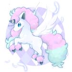  animal_focus blue_eyes erminetail feathers galarian_ponyta hooves horns horse multicolored_hair no_humans nostrils pokemon ponyta signature single_horn sparkle white_background white_feathers white_fur white_wings wings yume_kawaii 