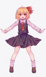  1girl black_skirt black_vest blonde_hair blush brown_footwear collared_shirt fang full_body hair_ribbon highres long_sleeves necktie open_mouth red_eyes red_necktie red_ribbon ribbon rumia shirt shoes short_hair simple_background skirt smile socks solo touhou uzuz_(xvhm5584) vest white_background white_shirt white_socks 