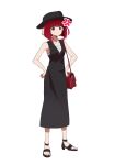  1girl absurdres anger_vein arima_kana bag black_dress black_footwear black_headwear bob_cut closed_mouth collarbone commentary dress full_body hands_on_own_hips hat highres inverted_bob ki26 looking_at_viewer medium_hair no_pupils oshi_no_ko red_eyes redhead sandals shoulder_bag simple_background sleeveless sleeveless_dress solo standing white_background 
