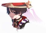  1boy apollo_hotori black_hair blunt_ends from_side genshin_impact gold hat jingasa looking_at_viewer male_focus mandarin_collar parted_lips portrait profile scaramouche_(genshin_impact) short_hair simple_background smile solo violet_eyes white_background 