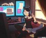  1girl absurdres alternate_hairstyle animal_ear_headphones animal_ears arm_at_side artist_name bespectacled black_hair black_necktie black_sweater black_thighhighs blurry blurry_foreground breasts bright_pupils brown_eyes can cat_ear_headphones chair commentary computer crossed_legs curtains desk dusk energy_drink english_commentary fake_animal_ears glasses grey_skirt hair_ornament hairclip hand_up headphones highres ikea_shark indoors instagram_logo keetydraws keyboard_(computer) looking_at_viewer marvel microphone monitor mouse_(computer) necktie off_shoulder office_chair parted_lips patreon_logo peni_parker pleated_skirt ramen ring_light round_eyewear shirttail short_hair single_horizontal_stripe sitting skirt small_breasts smile soda_can spider-man:_across_the_spider-verse spider-man_(series) stuffed_animal stuffed_shark stuffed_toy sweater swept_bangs swivel_chair teeth thigh-highs toe_socks toes tumblr_logo twitter_logo upper_teeth_only v webcam white_pupils window zettai_ryouiki 
