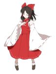  1girl absurdres black_hair bow closed_eyes closed_mouth commentary detached_sleeves facing_viewer full_body hair_bow hair_tubes hakurei_reimu highres qnfkdwk21 red_bow red_shirt red_skirt ribbon-trimmed_sleeves ribbon_trim shirt short_hair simple_background skirt solo touhou white_background wide_sleeves 