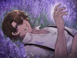 1boy arm_up brown_hair collared_shirt commentary field flower flower_field grin hair_between_eyes heathcliff_(limbus_company) highres jewelry lavender_(flower) limbus_company looking_at_viewer lying male_focus on_back partially_unbuttoned project_moon purple_flower ring scar scar_on_arm scar_on_cheek scar_on_chest scar_on_face scar_on_hand scar_on_neck shirt short_hair sideways_glance smile solo suspenders symbol-only_commentary too_many_scars upper_body violet_eyes wedding_ring white_shirt zerricat 