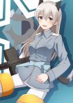  1girl absurdres animal_ears belt_pouch blue_background blue_jacket blush breasts eila_ilmatar_juutilainen emu_1316 fox_ears fox_tail gun hair_between_eyes highres holding holding_gun holding_weapon jacket long_hair long_sleeves looking_at_viewer machine_gun medium_breasts mg42 open_mouth pantyhose pouch smile solo strike_witches tail violet_eyes weapon white_hair white_pantyhose world_witches_series 