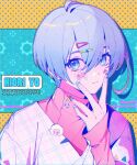  1boy blue_background blue_eyes blue_hair blue_lock blue_nails character_name closed_mouth hair_ornament hairclip hand_up long_sleeves looking_at_viewer male_focus pink_shirt shirt shizuka000217 short_hair sleeves_past_wrists smile solo sticker_on_face upper_body yellow_background you_hiori 