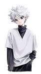  1boy absurdres blue_eyes highres hu_soeun hunter_x_hunter killua_zoldyck layered_sleeves long_sleeves looking_at_viewer male_child male_focus shirt short_hair short_over_long_sleeves short_sleeves simple_background sleeves_past_wrists solo straight-on upper_body white_background white_hair white_shirt 