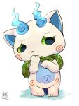  blush facing_viewer green_eyes highres kmart0614 komasan looking_to_the_side no_humans signature simple_background solo white_background youkai_watch 