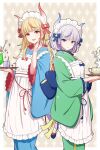2girls apron back-to-back blonde_hair blue_bow blue_eyes blue_hair blue_horns blue_kimono blue_tassel blue_trim blunt_bangs border bow closed_mouth commentary_request cup dot_nose drink earrings frilled_apron frilled_hairband frills green_kimono hair_bow hairband hand_on_own_cheek hand_on_own_face highres holding holding_tray horns japanese_clothes jewelry kimono light_purple_hair long_hair looking_at_viewer maid maid_apron maid_headdress multicolored_hair multiple_girls obi obijime original outside_border parted_lips red_bow red_eyes red_horns red_lips red_nails red_tassel red_trim redhead sash short_hair siblings sidelocks sisters steam streaked_hair stud_earrings teacup tokeshi tray wa_maid white_apron white_border white_hairband yukata