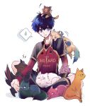  1boy absurdres animal animalization bachira_meguru barou_shouei black_shirt black_shorts black_socks blue_eyes blue_hair blue_lock cat chigiri_hyoma collared_shirt flower_tattoo full_body highres isagi_yoichi itoshi_rin kunigami_rensuke long_sleeves male_focus michael_kaiser mikage_reo nagi_seishirou open_mouth red_shirt shirt short_hair shorts sitting soccer_uniform socks sportswear sweatdrop tattoo two-tone_shirt unagibo white_background 