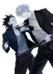  2boys aged_up belt black_hair black_jacket blue_eyes cigarette collared_shirt cowboy_shot dagger gon_freecss green_jacket highres holding holding_dagger holding_knife holding_lighter holding_weapon hunter_x_hunter jacket k.g_(matsumoto_zo) killua_zoldyck knife lighter long_sleeves looking_at_another male_focus multiple_boys open_clothes open_jacket profile shirt short_hair simple_background spiky_hair weapon white_background white_shirt yellow_eyes 