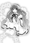  1girl :d blush boots braid clothes_lift commentary_request dress dress_lift floral_background flower flower_wreath frilled_dress frilled_sleeves frills fuyuichi greyscale hair_between_eyes happy head_wreath juliet_sleeves kanbe_kotori kazamatsuri_institute_high_school_uniform lifted_by_self long_hair long_sleeves looking_at_viewer midair monochrome open_mouth puffy_sleeves rewrite school_uniform sidelocks simple_background smile solo thigh-highs twin_braids very_long_hair wavy_hair white_background white_thighhighs wide_sleeves 