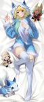  1girl absurdres alternate_costume blonde_hair blue_eyes character_costume character_doll doiparuni fire_emblem fire_emblem_heroes fjorm_(fire_emblem) green_hair hand_on_own_chest highres hood hoodie kiran_(fire_emblem) knee_up laegjarn_(fire_emblem) looking_at_viewer lying nifl_(fire_emblem) on_back smile solo thigh-highs 