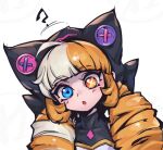  1girl :o ? animal_ears blue_eyes blunt_bangs brown_hair covered_collarbone fake_animal_ears gwen_(league_of_legends) hood hood_up league_of_legends looking_at_viewer official_alternate_costume phantom_ix_row portrait red_eyes simple_background solo soul_fighter_gwen white_background white_hair 