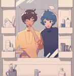  ... 2boys :o absurdres bathroom blue_eyes blue_hair blue_shirt brown_hair brushing_teeth closed_mouth faucet gundam gundam_zz hand_on_own_head hand_under_clothes hand_under_shirt high_collar highres indoors judau_ashta kamille_bidan looking_at_mirror male_focus messy_hair mirror multiple_boys open_mouth pin_(penco_co) razor ruler scratching_stomach shelf shirt short_hair short_sleeves sleepy spoken_ellipsis standing tan thick_eyebrows toothbrush toothpaste turtleneck yellow_shirt zeta_gundam zzz 