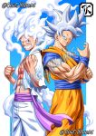  2boys artist_name blue_sash blue_shirt blue_wristband clenched_hand closed_mouth crossover dougi dragon_ball dragon_ball_super eastblue_95 gear_fifth highres looking_at_viewer male_focus monkey_d._luffy multiple_boys muscular muscular_male one_piece orange_robe pectorals robe sash scar scar_on_cheek scar_on_chest scar_on_face shirt short_hair short_sleeves signature smile son_goku spiky_hair super_saiyan teeth torn torn_clothes ultra_instinct white_hair 