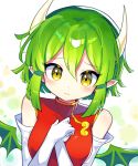  1girl blush china_dress chinese_clothes closed_mouth draco_centauros dragon_girl dragon_horns dragon_wings dress elbow_gloves gloves green_hair highres horns looking_at_viewer offbeat pointy_ears puyopuyo red_dress short_hair sleeveless sleeveless_dress solo upper_body white_gloves wings yellow_eyes 
