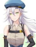  1girl absurdres double-parted_bangs eiyuu_densetsu elbow_gloves fie_claussell gloves green_eyes hat highres kuro_no_kiseki long_hair looking_at_viewer portrait simple_background smile solo upper_body white_hair witch_f 
