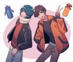  2boys :o alternate_costume black_jacket black_shirt blue_eyes blue_hair blue_pants border brown_hair brown_pants casual film_grain gift gradient_background green_eyes gundam gundam_zz hand_in_pocket highres jacket judau_ashta kamille_bidan long_sleeves looking_at_viewer male_focus multiple_boys open_clothes open_jacket open_mouth orange_jacket outside_border pants pin_(penco_co) red_sweater scarf shirt short_hair simple_background sleeves_past_wrists smile striped striped_scarf sweater undershirt v white_border white_scarf white_shirt zeta_gundam 