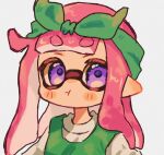  1girl bow bow_hairband commentary_request commission eyebrows_hidden_by_hair green_bow green_hairband hair_bow hairband highres inkling inkling_girl inkling_player_character long_hair looking_at_viewer ochocho2828 pink_hair pointy_ears pout simple_background solo splatoon_(series) tentacle_hair thick_eyebrows upper_body violet_eyes white_background 
