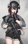  1girl absurdres battle_belt belt black_shorts blue_eyes brown_hair ear_protection finger_to_mouth gloves grey_background grey_hair grey_shirt gun h&amp;k_mp7 hair_ribbon helmet highres holding holding_weapon keiita long_hair long_sleeves military_operator multicolored_hair original plate_carrier red_ribbon ribbon shirt shorts shushing smile smoke solo submachine_gun suppressor tactical_clothes two-tone_hair weapon 