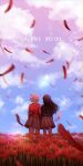  2girls black_hair blonde_hair blue_dress blue_sky bob_cut chromatic_aberration clouds commentary_request copyright_name dress falling_petals field floating_hair flower flower_field from_behind grey_dress hair_ribbon highres holding_hands inoue_takina long_sleeves lycoris_recoil lycoris_uniform motion_blur multiple_girls nishikigi_chisato nndm_ak one_side_up outdoors partial_commentary petals pleated_dress red_dress red_ribbon ribbon short_hair sky spider_lily standing two-tone_dress yuri 