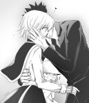  1boy 1girl 1other alkelt_e androgynous black_suit blonde_hair buck_teeth chain formal highres hunter_x_hunter jewelry kiss kurapika leorio_paladiknight long_sleeves necktie nen_(hunter_x_hunter) ring senritsu short_hair simple_background suit tabard teeth thumb_ring white_background 