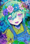  1boy absurdres amn_(a0ko1) basil_(omori) blue_overalls blush collared_shirt flower green_eyes green_hair head_wreath highres looking_at_viewer omori open_mouth overalls shirt short_hair short_sleeves smile solo upper_body yellow_shirt 