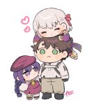  1boy 2girls :3 artist_name azu_(kirara310) beret black_footwear black_gloves black_hair blush_stickers braid braided_ponytail chibi closed_eyes closed_mouth commentary_request fate/grand_order fate_(series) fujimaru_ritsuka_(male) fujimaru_ritsuka_(male)_(decisive_battle_chaldea_uniform) full_body gloves green_eyes grey_pants hair_ribbon hat heart highres jacket kama_(fate) kama_(first_ascension)_(fate) multiple_girls necktie on_head pants person_on_head pink_ribbon purple_hair purple_headwear ribbon shoes short_hair simple_background sion_eltnam_sokaris smile uniform violet_eyes white_background white_hair white_jacket yellow_necktie 
