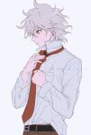  1boy alternate_costume artist_name belt black_belt boleum_(dgrpluna) breast_pocket brown_pants danganronpa_(series) danganronpa_2:_goodbye_despair grey_eyes grey_hair hair_between_eyes hands_up komaeda_nagito long_sleeves male_focus medium_hair necktie pants pocket profile red_necktie simple_background solo upper_body white_background 