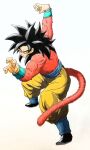  1boy black_hair blue_sash body_fur dragon_ball dragon_ball_gt highres long_hair looking_at_viewer male_focus monkey_boy monkey_tail muscular muscular_male pants red_fur saiyan sash solo son_goku spiky_hair super_saiyan super_saiyan_4 super_saiyan_god tail tomo_db_suki 